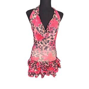 Y2K Sister Party Leopard Floral Ruffle Mini Dress Cowl Halter Sheer